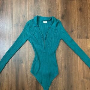 Abercrombie Teal ribbed sweater bodysuit with v neck and collar.